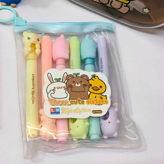 Cute Bear Brother Mini Highlighter Set - Pastel Colors with Pouch | DODKart