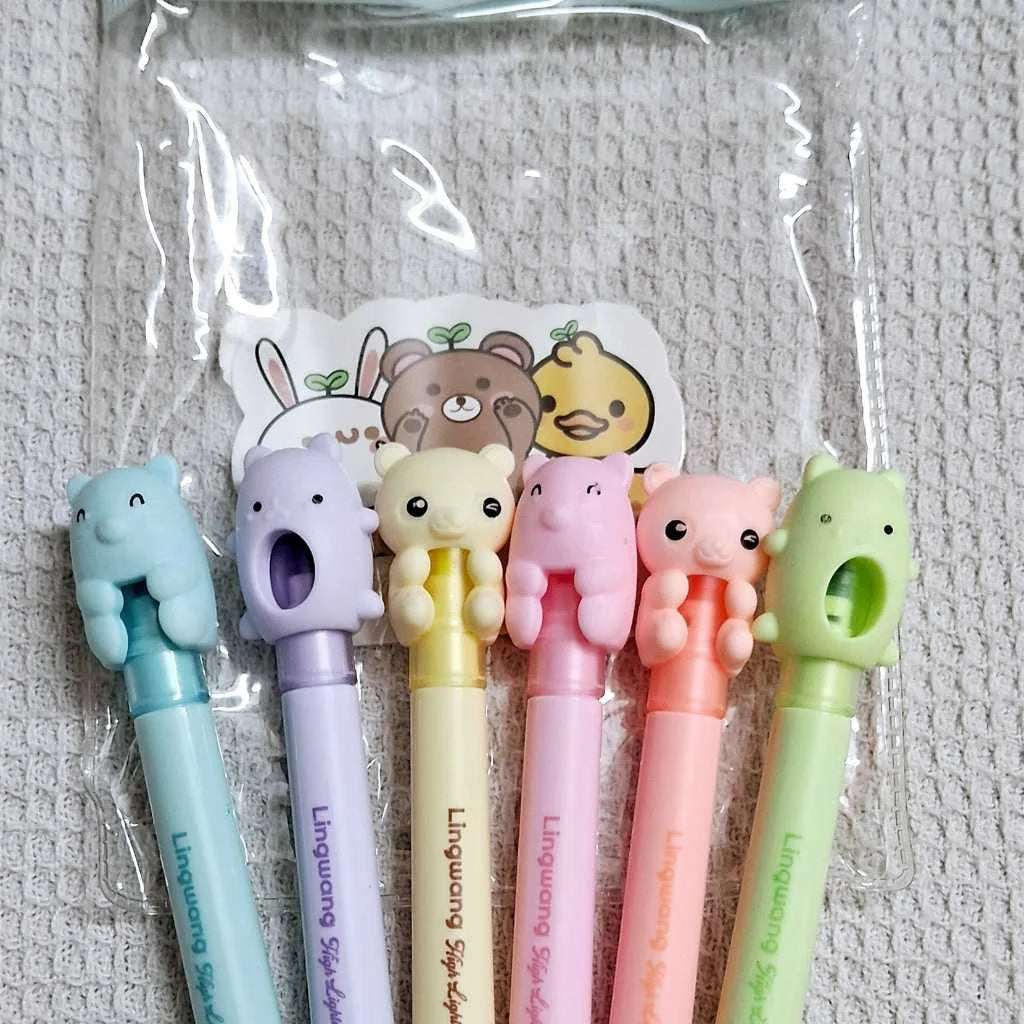 Cute Bear Brother Mini Highlighter Set - Pastel Colors with Pouch | DODKart