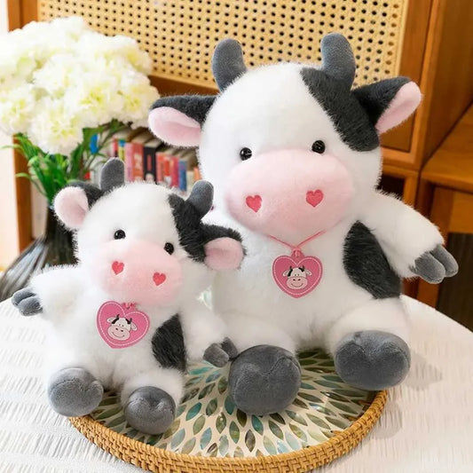 Cute Sitting Heart Bow Fur Cow Soft Toy 35cm Plush
