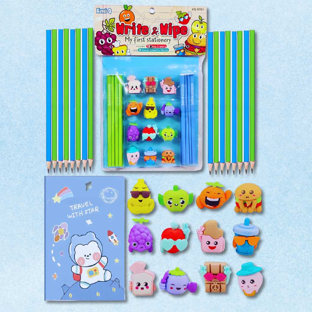 pencil set with fancy erasers and notebook