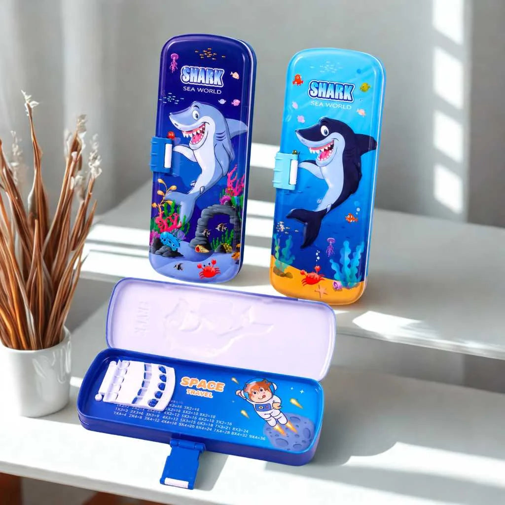3D Embossed Shark Metal Pencil Box - Durable Compass Case