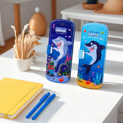 3D Embossed Shark Metal Pencil Box - Durable Compass Case