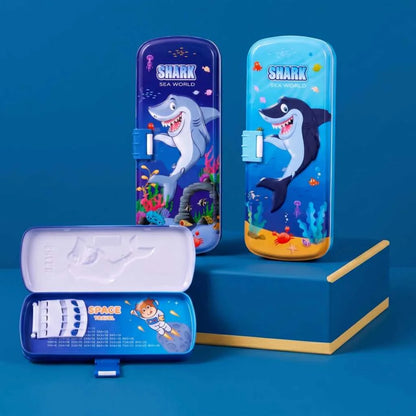 3D Embossed Shark Metal Pencil Box - Durable Compass Case