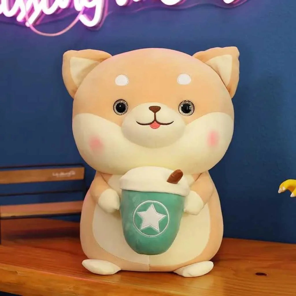 Adorable Plush Shiba Inu Dog Soft Toy with Coffee