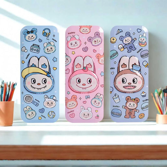 Adorable Rabbit Face Metal Pencil Box - Durable Kids Stationery Case