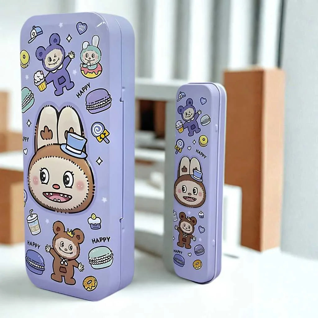 Adorable Rabbit Face Metal Pencil Box - Durable Kids Stationery Case