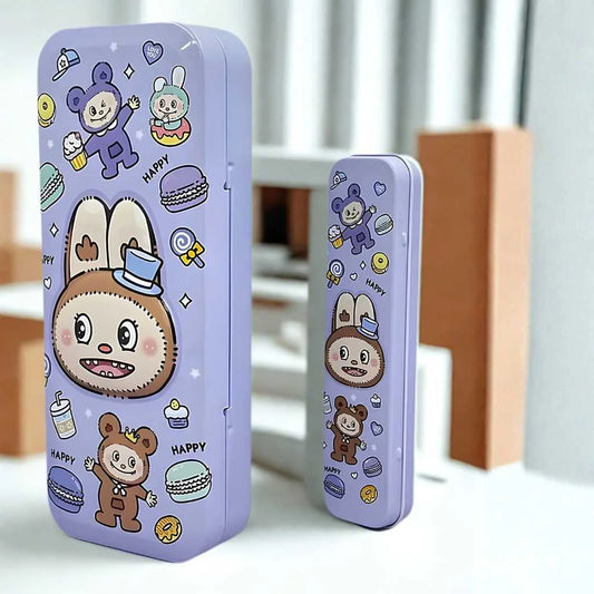 Adorable Rabbit Face Metal Pencil Box - Durable Kids Stationery Case