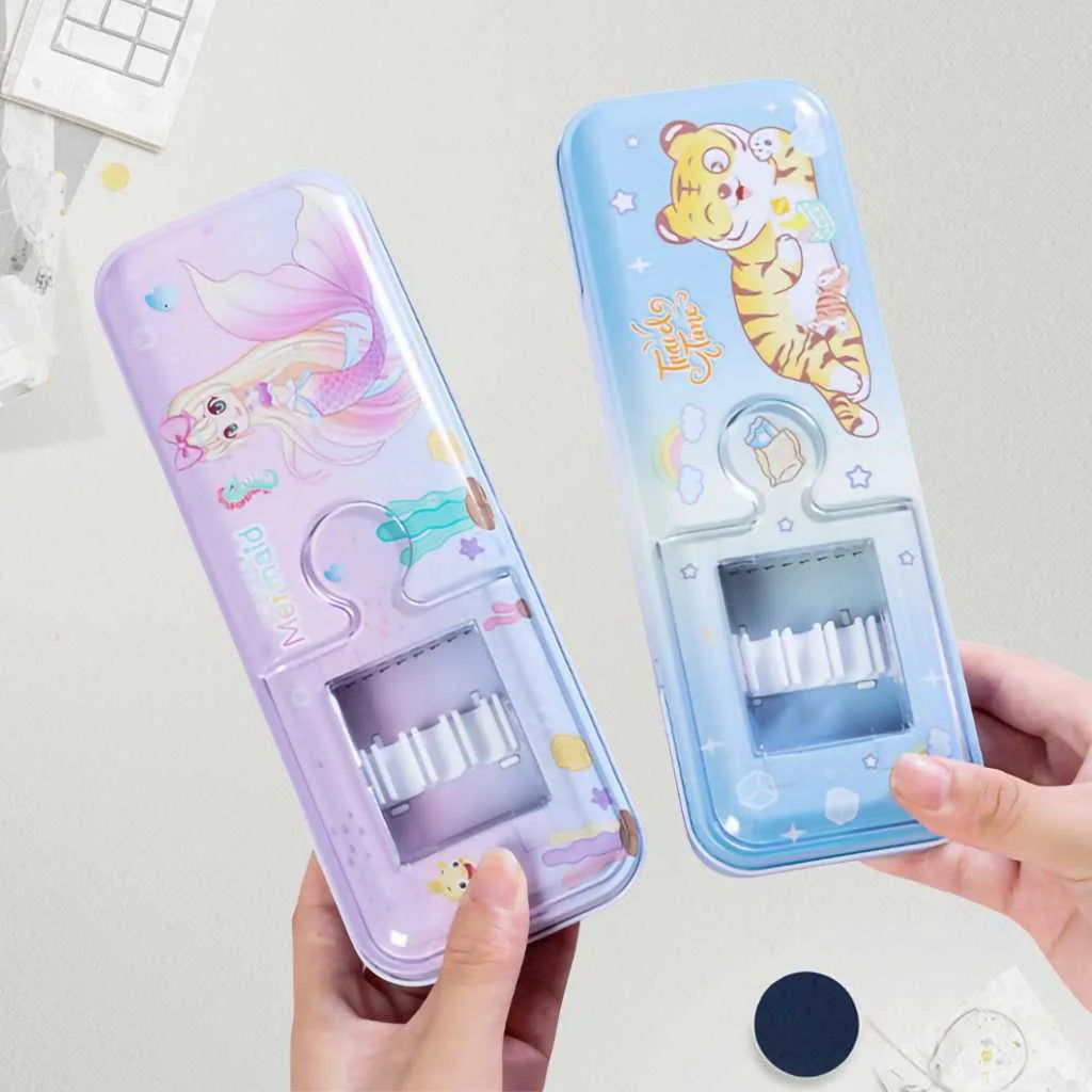 Animal Double-Layer Metal Pencil Box - Durable Compass Case
