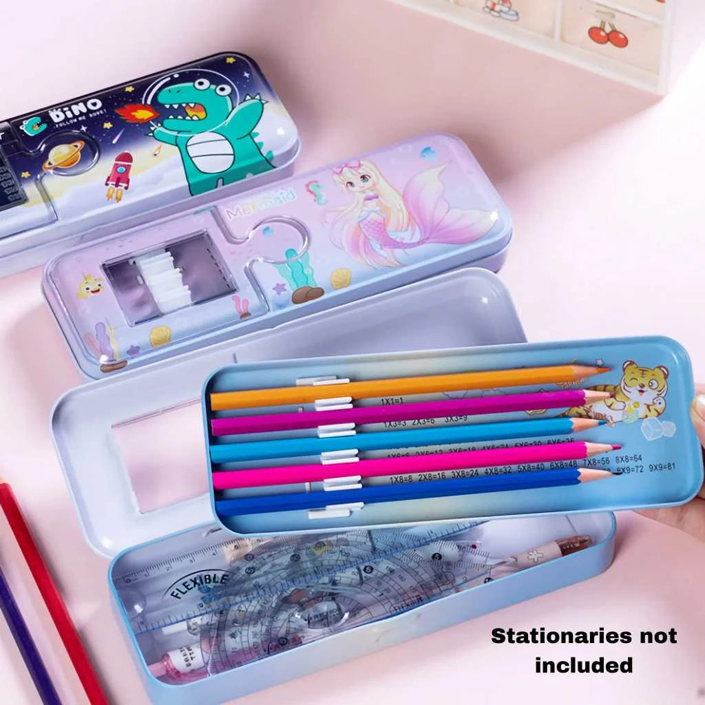 Animal Double-Layer Metal Pencil Box - Durable Compass Case