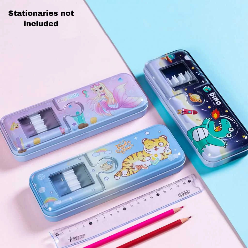 Animal Double-Layer Metal Pencil Box - Durable Compass Case