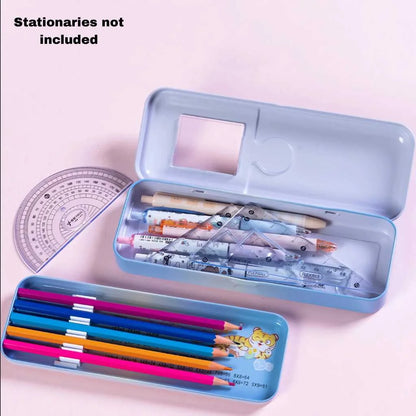 Animal Double-Layer Metal Pencil Box - Durable Compass Case