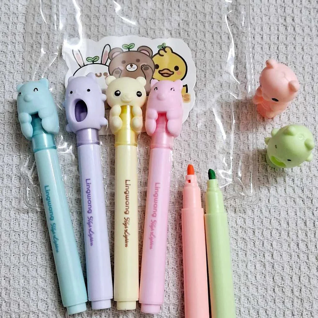 Cute Bear Brother Mini Highlighter Set - Pastel Colors with Pouch | DODKart