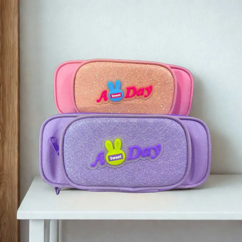 Cute Bunny Print Glitter Zipper Pencil Pouch