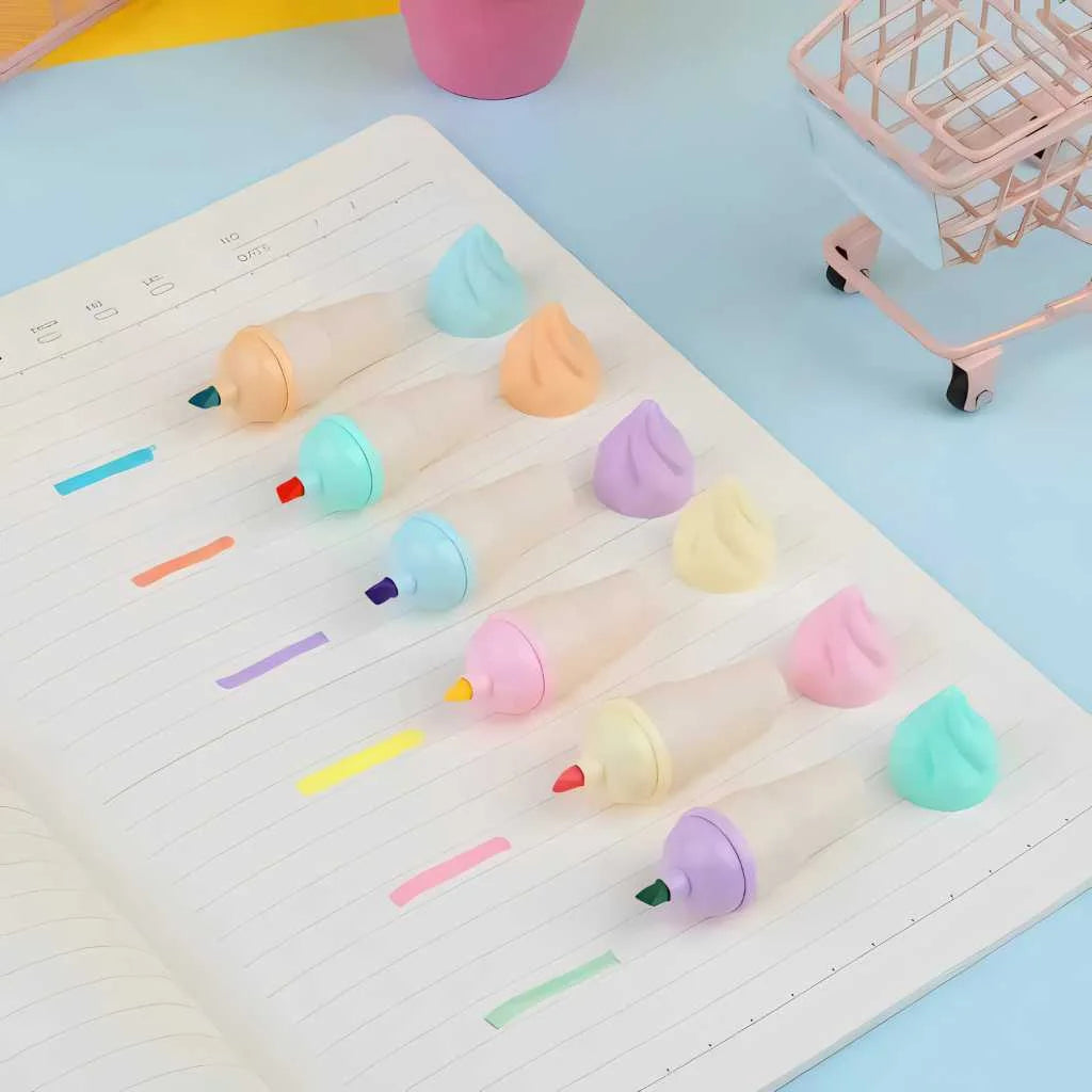 Cute Ice Cream Highlighter Set - 6 Pastel Colors with Pouch | DODKart