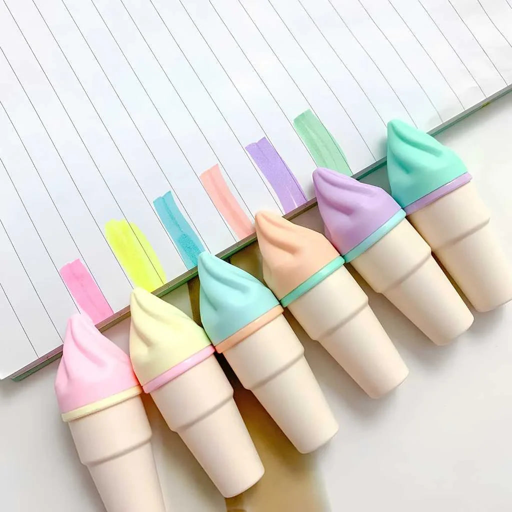 Cute Ice Cream Highlighter Set - 6 Pastel Colors with Pouch | DODKart