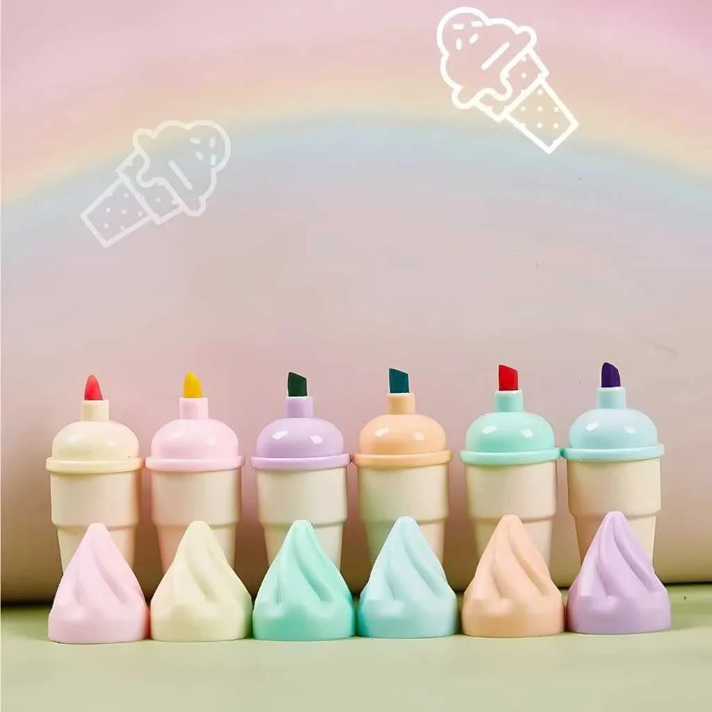 Cute Ice Cream Highlighter Set - 6 Pastel Colors with Pouch | DODKart