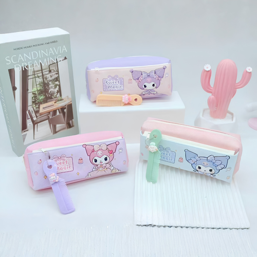 Cute Kuromi-Themed Dual-Zip Pouch | Aesthetic 2-Compartment Stationery Case for Girls