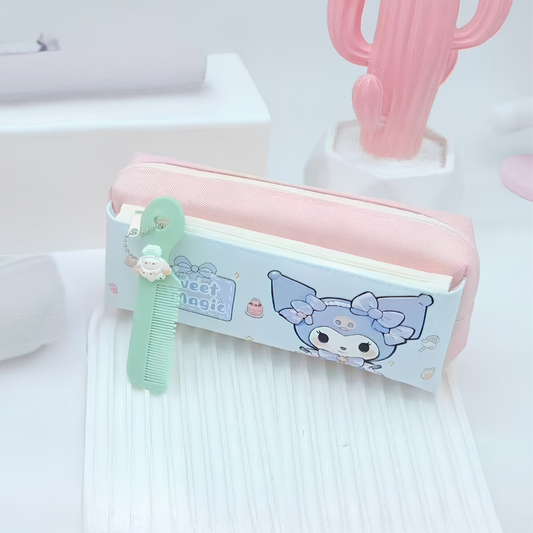Cute Kuromi-Themed Dual-Zip Pouch | Aesthetic 2-Compartment Stationery Case for Girls