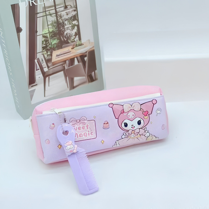 Cute Kuromi-Themed Dual-Zip Pouch | Aesthetic 2-Compartment Stationery Case for Girls