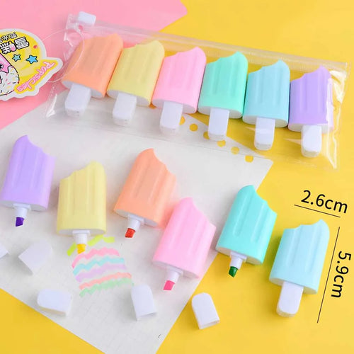 Cute Mini Ice Cream Highlighters Set - 6 Pastel Colors | DODKart