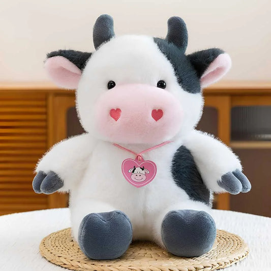 Cute Sitting Heart Bow Fur Cow Soft Toy 35cm Plush