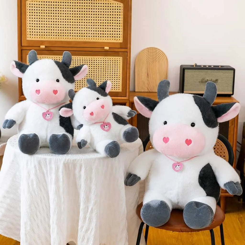 Cute Sitting Heart Bow Fur Cow Soft Toy 35cm Plush