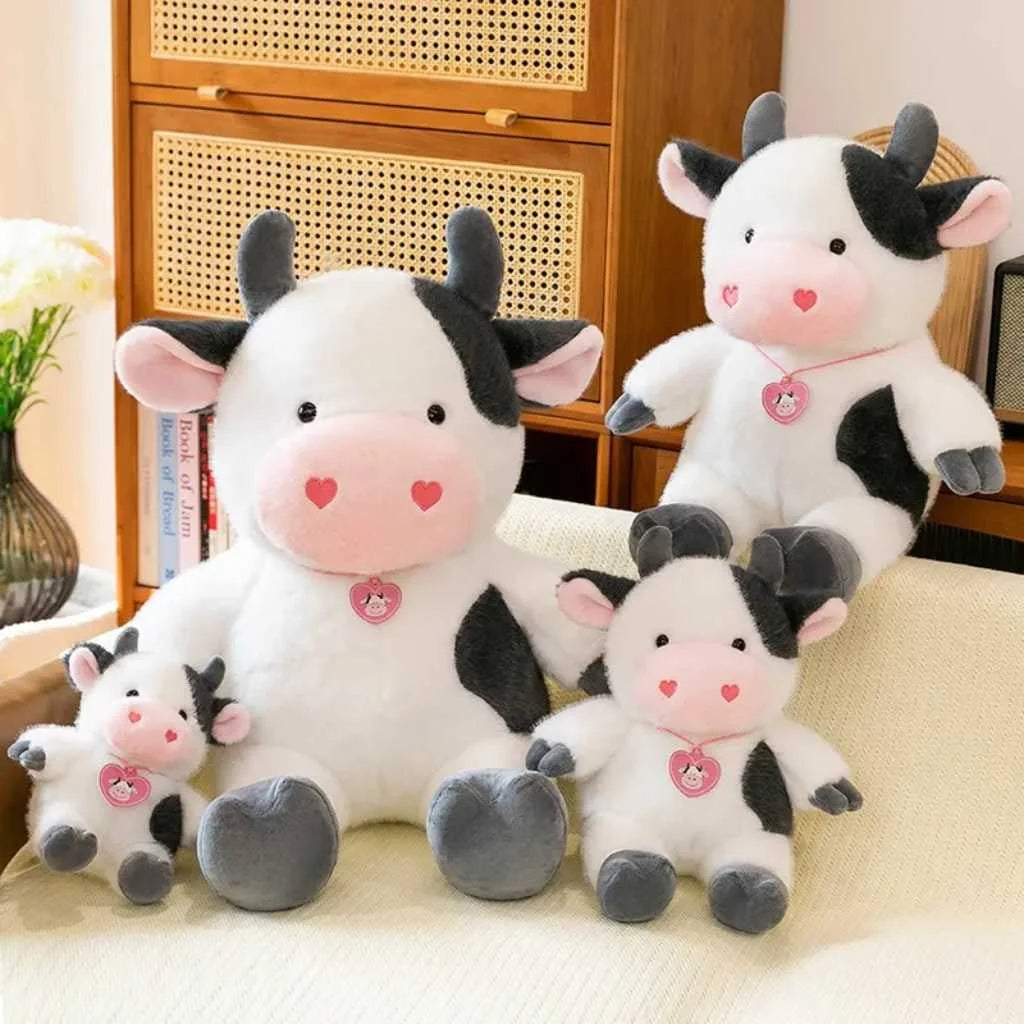 Cute Sitting Heart Bow Fur Cow Soft Toy 35cm Plush