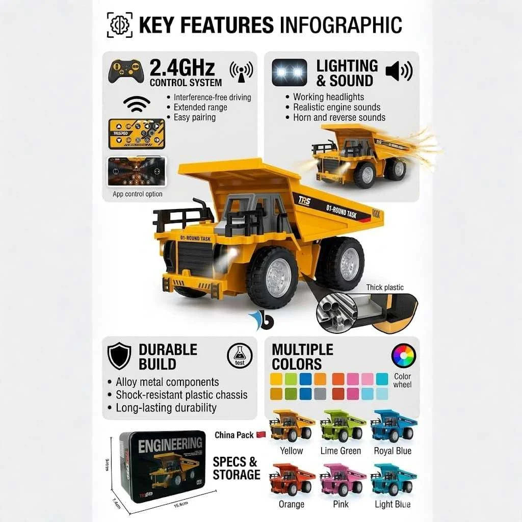 Die-Cast Engineering RC Dump Truck Toy for Kids