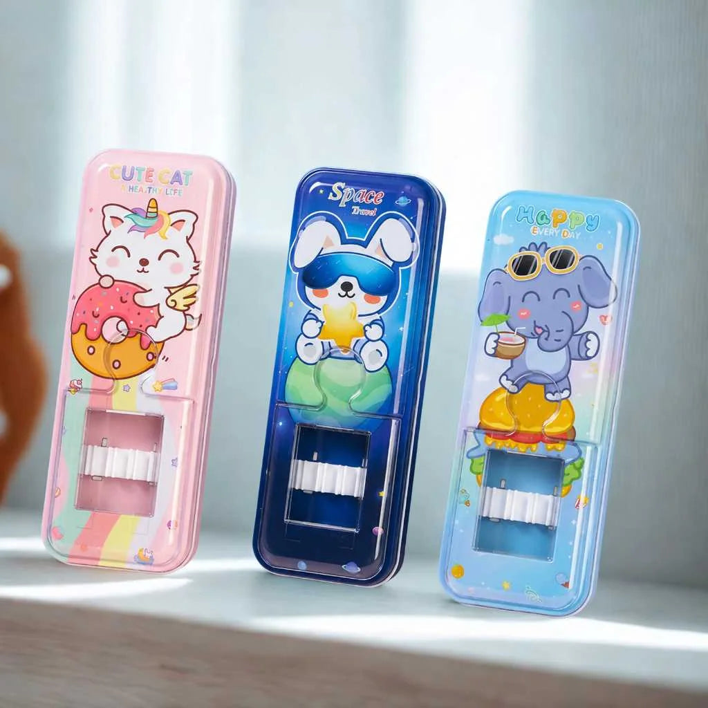 Kawaii Animal Double-Layer Metal Pencil Box - Durable Compass Case