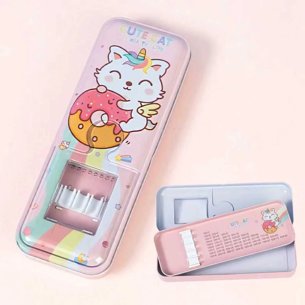Kawaii Animal Double-Layer Metal Pencil Box - Durable Compass Case
