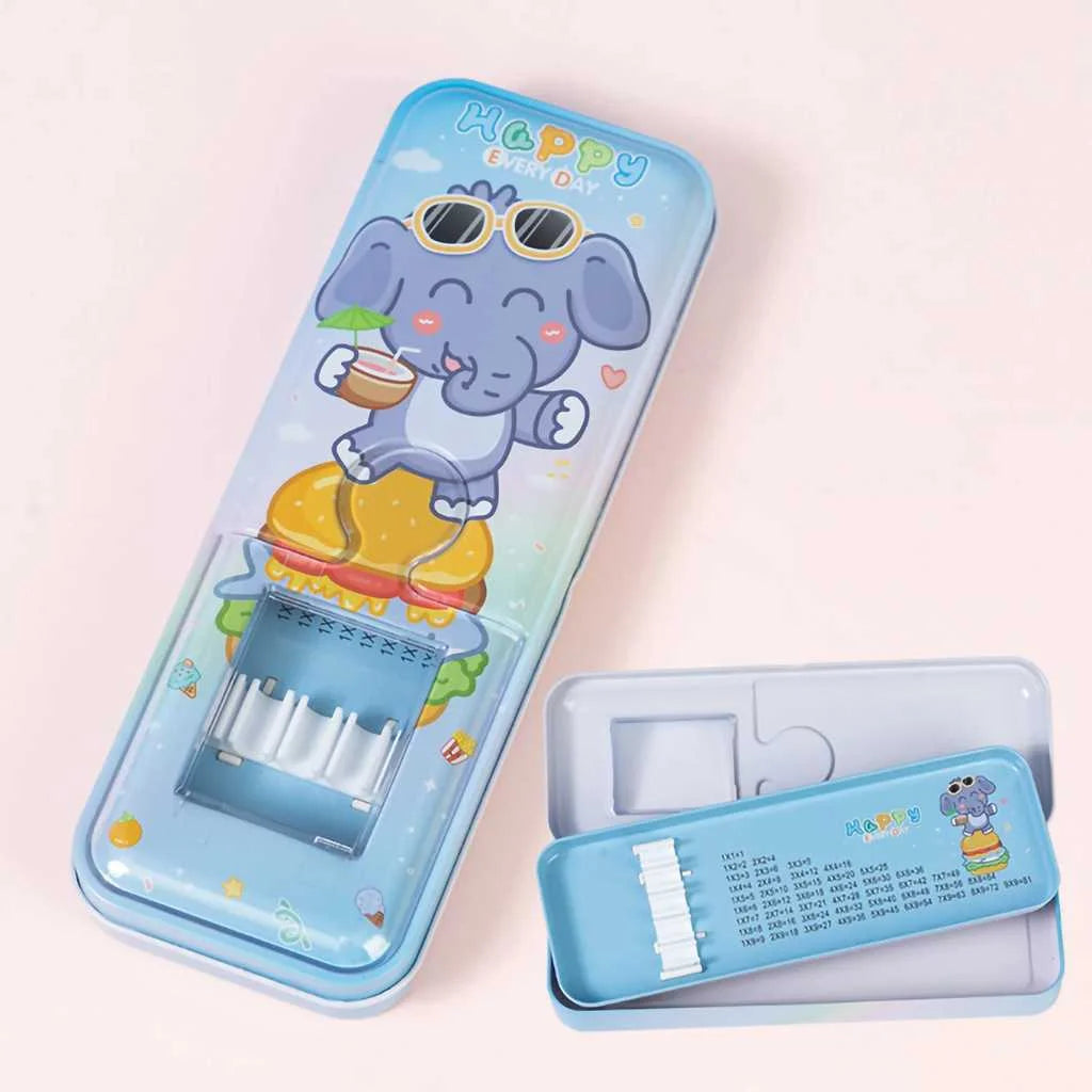 Kawaii Animal Double-Layer Metal Pencil Box - Durable Compass Case