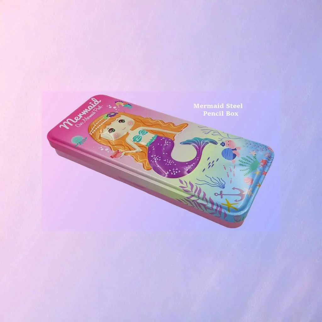 Mermaid 3D Embossed Steel Pencil Box - Durable Kids Case