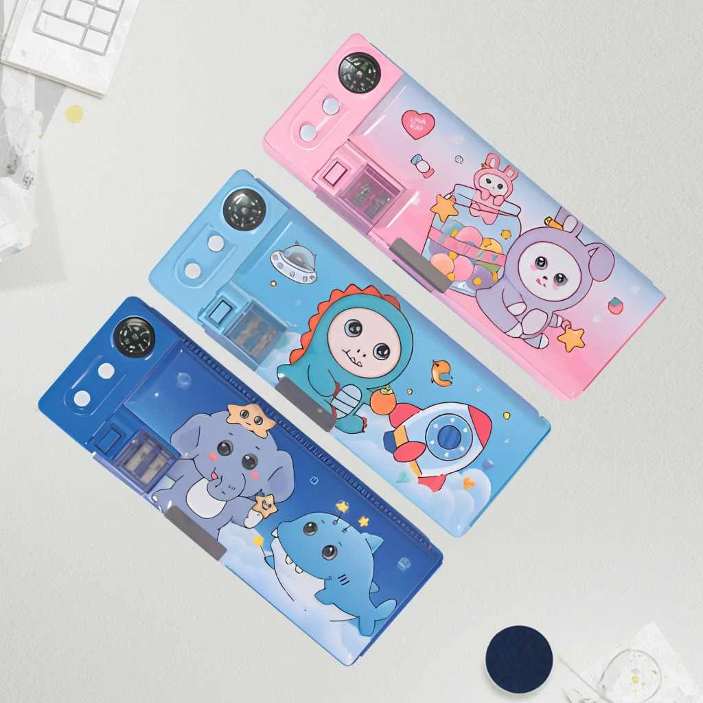 Multifunction Pencil Box - Kids Geometry Case with Secret Compartment (Dino, Elephant, Rabbit)