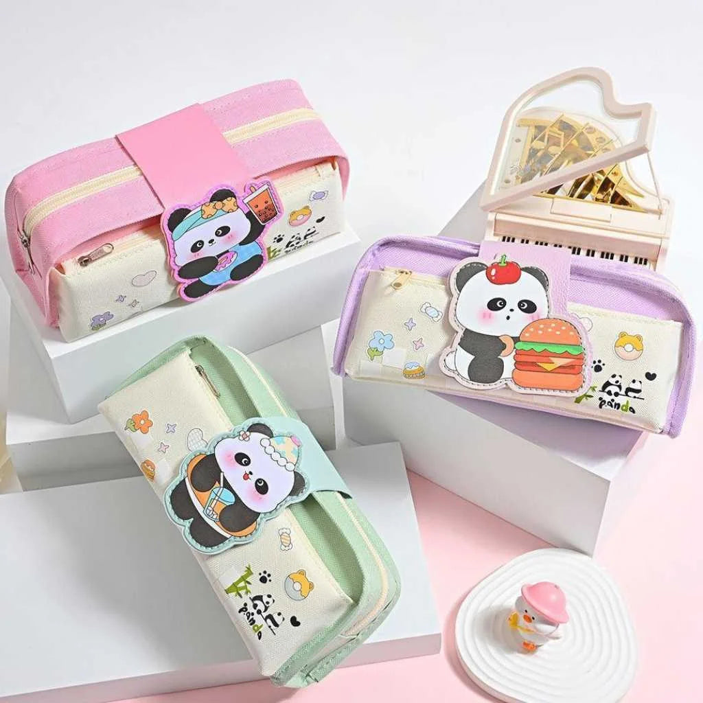 Three cute pencil cases with panda designs on a white background