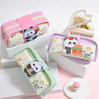 Three cute pencil cases with panda designs on a white background
