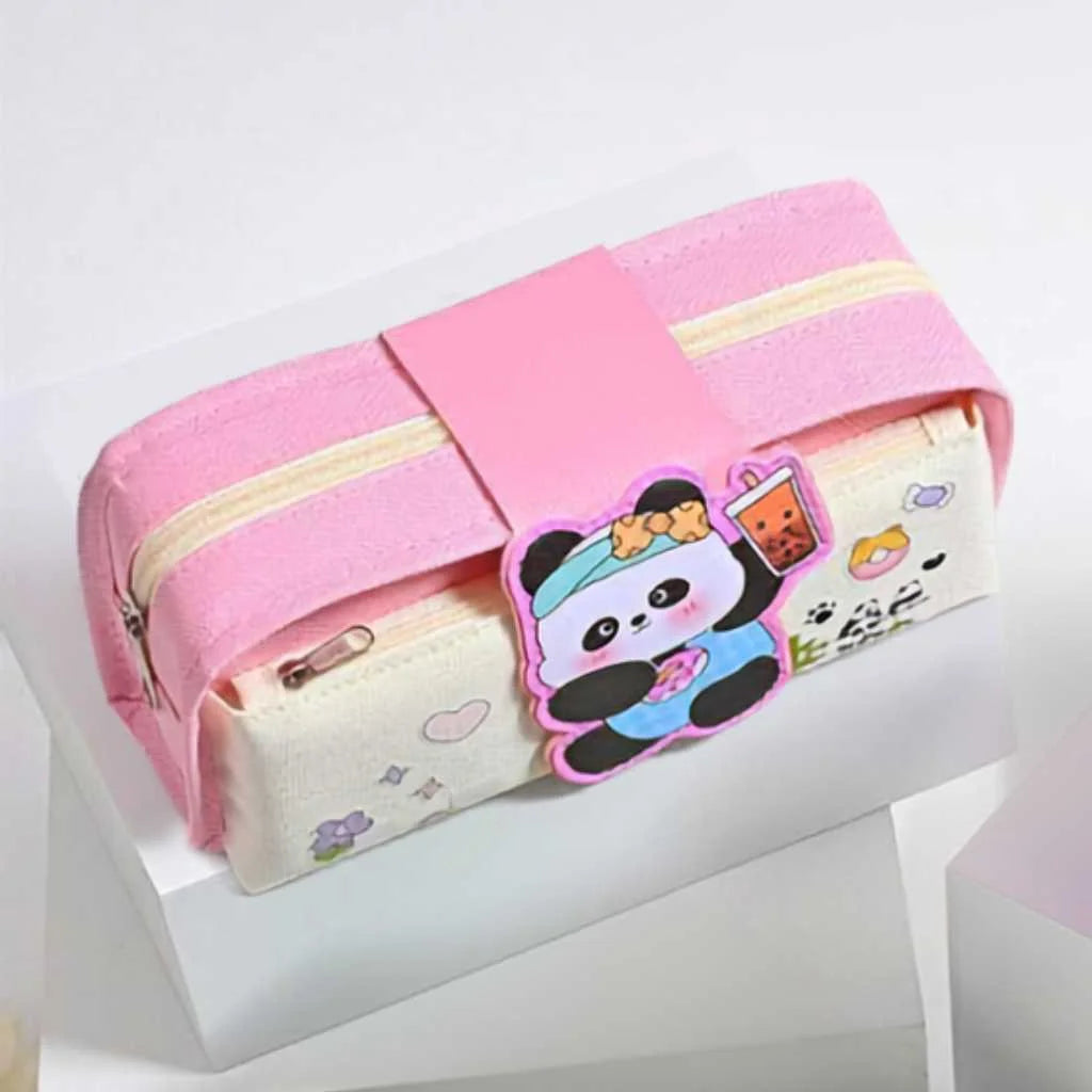 Three cute pencil cases with panda designs on a white background