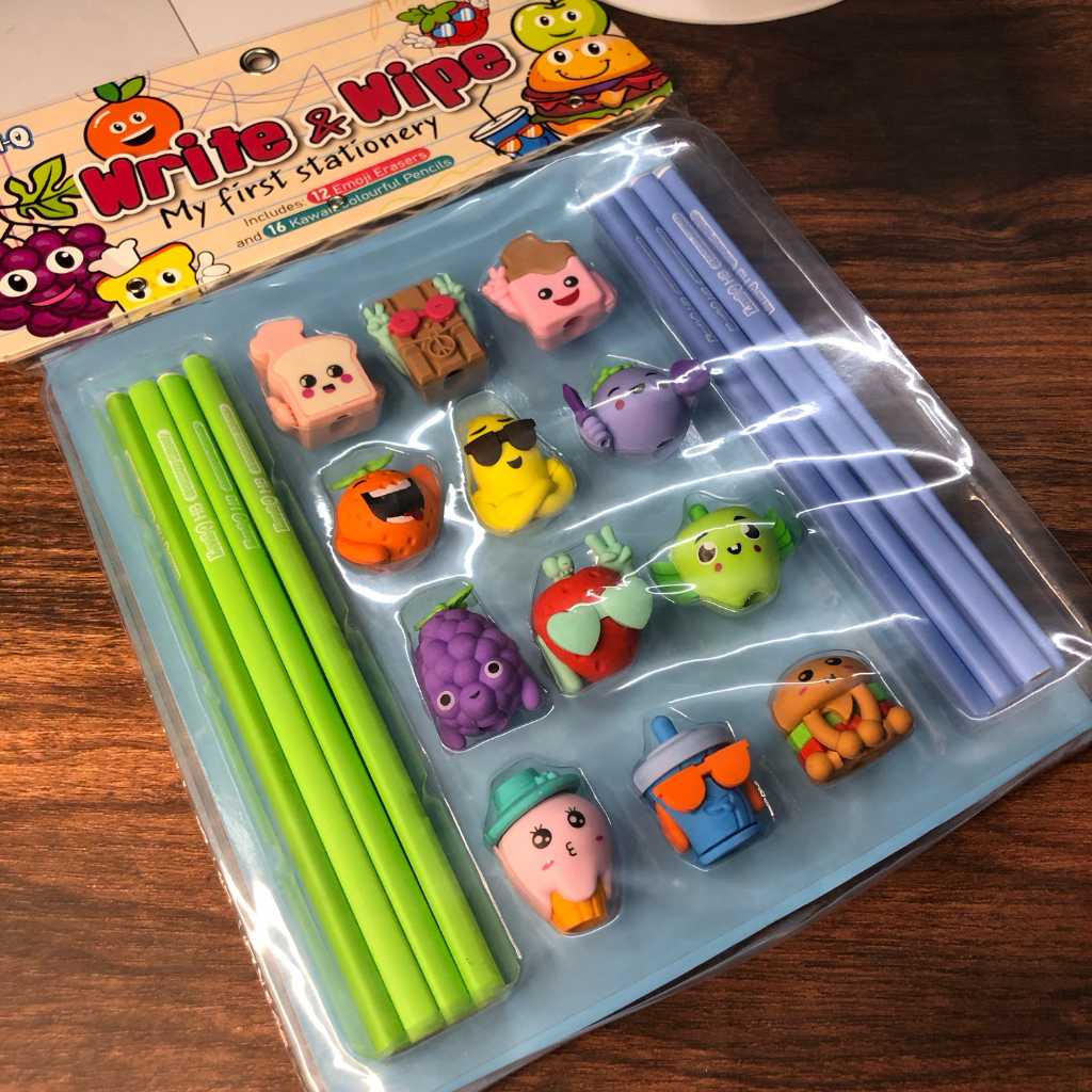 pencil set with fancy erasers and notebook