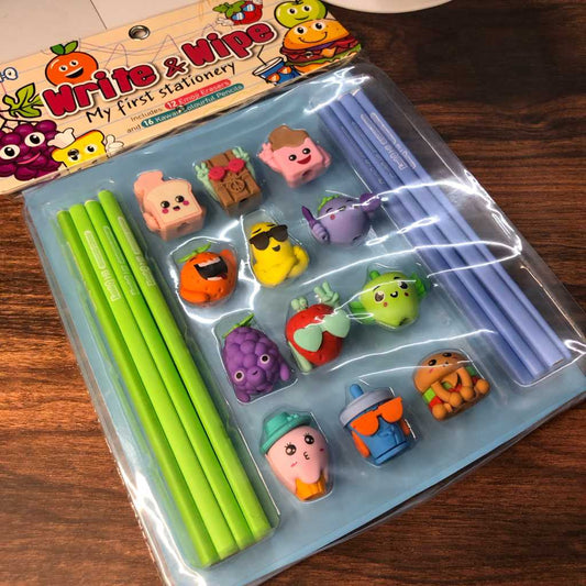 pencil set with fancy erasers and notebook