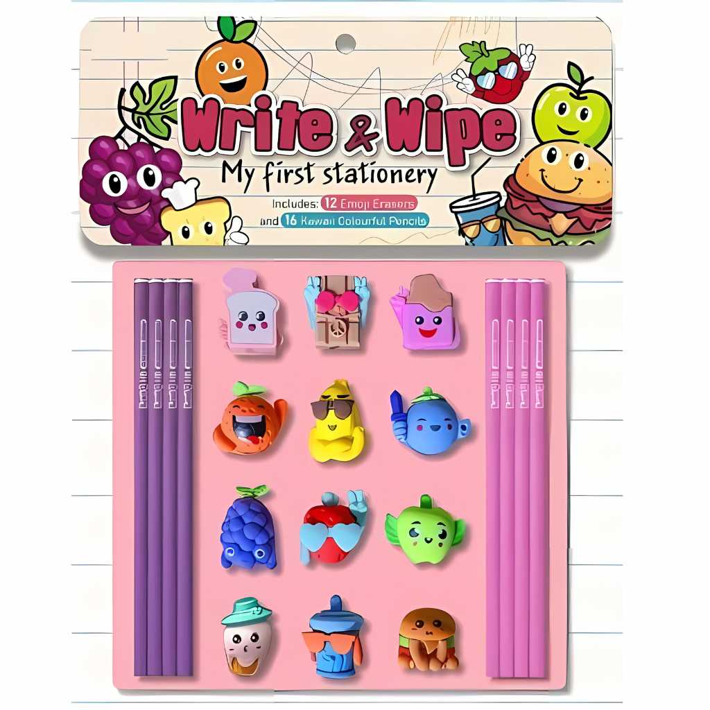 pencil set with fancy erasers and notebook