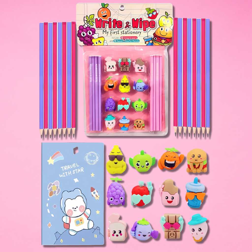 pencil set with fancy erasers and notebook