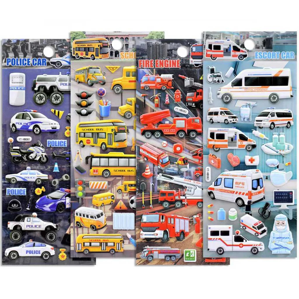 Puffy 3D Textures Transportation Car Stickers Set of 4